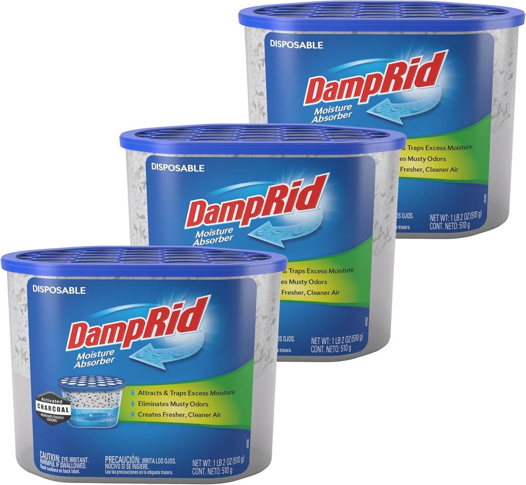 DampRid Fragrance Free Disposable Moisture Absorber with Activated Charcoal, 18 oz (Pack of 3) Moisture Absorber & Odor Remover, Lasts Up To 60 Days, No Electricity Required (18 Ounce (Pack of 3))