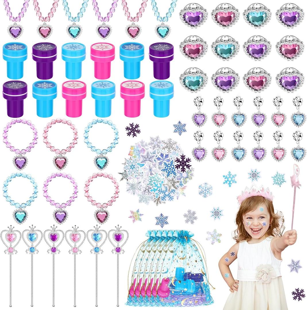 Faccito 134 Pieces Princess Party Favors Winter Birthday Party Supplies Snowflake Jewelry Gifts Set for Kids Include Diamond Necklaces Bracelets Rings Earrings Stickers Crown Wand Stampers Bags