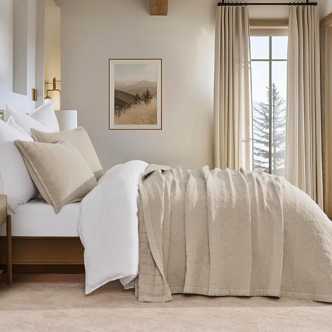 Stonewashed Cotton Quilt Set King Size, Ultra Soft Oversized Bedspread Coverlet Set, Lightweight Crinkle Box Stitch Bedding Sets for All Season, with 2 Shams, Flax Beige (King/Cal King (108" x 96"))