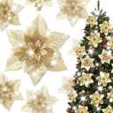 Alupssuc 24 Pieces Artificial Christmas Flowers Decorations Poinsettia Christmas Glitter Wedding Xmas Tree Ornaments Christmas Decorations with Clip and Stick, Gold