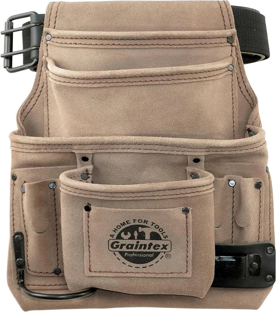 Graintex SS2280 10 Pocket Nail & Tool Pouch Beige Color Suede Leather with 2 Leather/Webbing Belt for Constructors, Electricians, Plumbers, Handymen, Standard