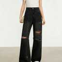Distressed Wide Leg Jeans for Women High Waisted Loose Ripped Boyfriend Jeans Y2K Stretch Denim Pants (Black, XXL)