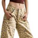 Leopard Pants Women Barrel Baggy Jeans Y2k Boyfriend Cheetah Print Jean Mid Rise Wide Leg Denim Ankle Pants Black Khaki XXL (XXL)