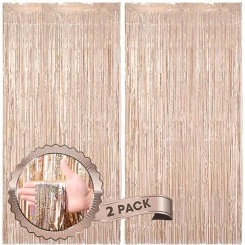 Voircoloria 2 Pack Laser Champagne Foil Fringe Backdrop Curtains, Tinsel Streamers Birthday Party Bachelorette Backdrop Decorations for Valentine, Baby Shower, Wedding, Disco Party