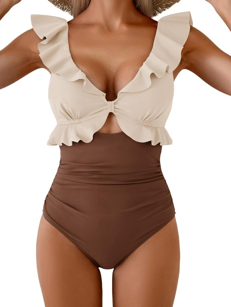 Aidonger Women's One Piece Swimsuit Tummy Control Ruffle Bathing Suit V Neck Ruched Swim Suit Slimming Cutout Swimwear, XL