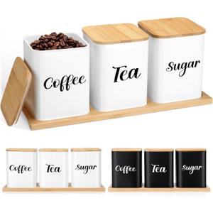 Tioncy Coffee Tea Sugar Container with Tray Set of 3 Airtight Metal Canister with Bamboo Lid Tray for Kitchen Counter Dining Room Farm House Kitchen Style Drink Station Organizer Set (White)