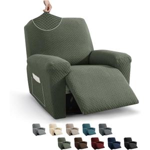 MAXIJIN Recliner Cover Slipcovers for Living Room 4 Pieces Stretch Jacquard Recliner Chair Cover Soft Fitted Recliner Protector with Elastic Bottom for Kids, Pets (Recliner, Army Green)