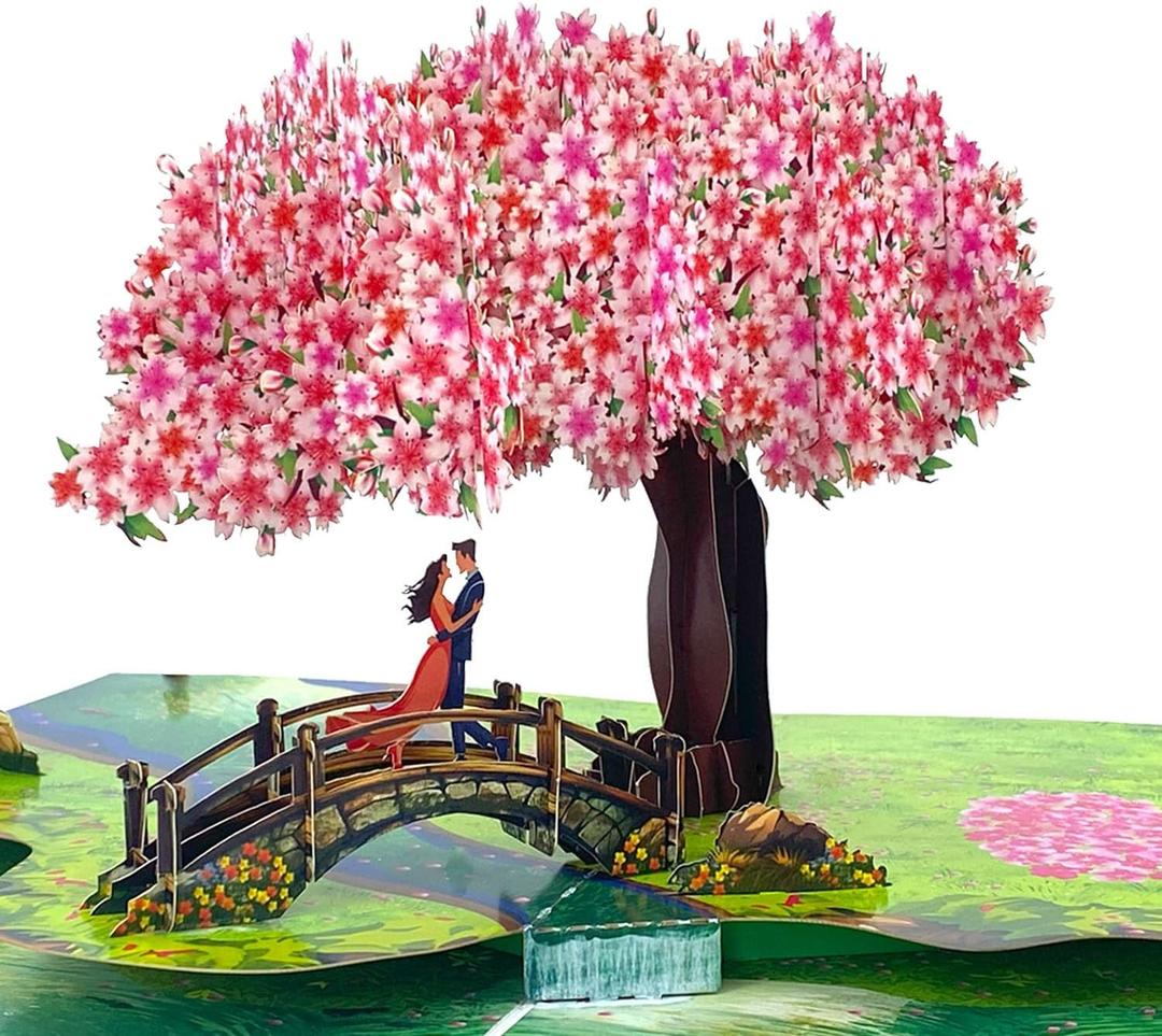 3 x Pop Up Anniversary Cards 3D Cherry Blossom Bridge with Couple in Love, Romantic Greeting Card for Wife, Husband, Her, Him, Wedding Card, Happy Valentines Day, 6"x 8" Happy Mothers Day Pop Up Card