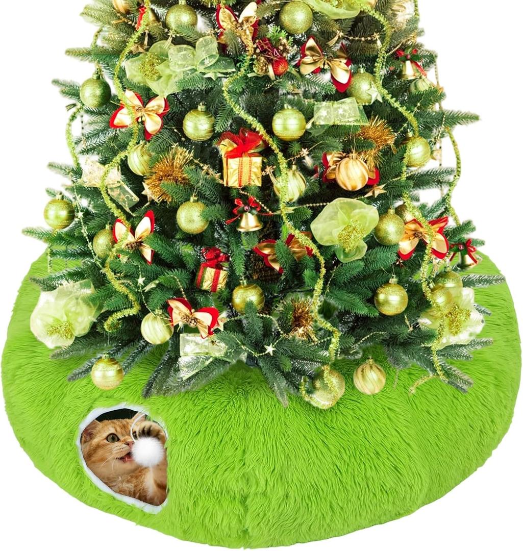Green Fluffy Cat Tunnel Christmas Tree Skirt - Cat Donut Bed, Christmas Tree Protector from Cats, Xmas Small Medium Large Cats Gifts Accessories