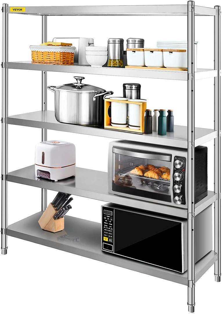 VEVOR Stainless Steel Shelving 60x18.5 Inch 5 Tier Adjustable Shelf Storage Unit Stainless Steel Heavy Duty Shelving for Kitchen Commercial Office Garage Storage 330lb Per Shelf