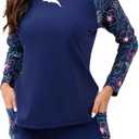 Halcurt Women's Built in Bra Rash Guard Long Sleeve Swimwear UPF 50 Two Piece Swim Shorts and Tops (Medium, Navy Multicolored Floral)
