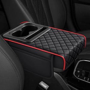 Hovom Car Center Console Cover, 13.39"×7.87"×2.76" Leather Armrest Cover for Cars, Memory Foam Armrest Pillow with Pocket, Cup Holder & Phone Slot, Universal Vehicle Arm Rest Cushion Pad (Black+Red)