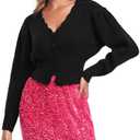Women's Puff Short Sleeve Sweater V-Neck Button Knit Tops Crochet Soft Knitwear, Size Medium