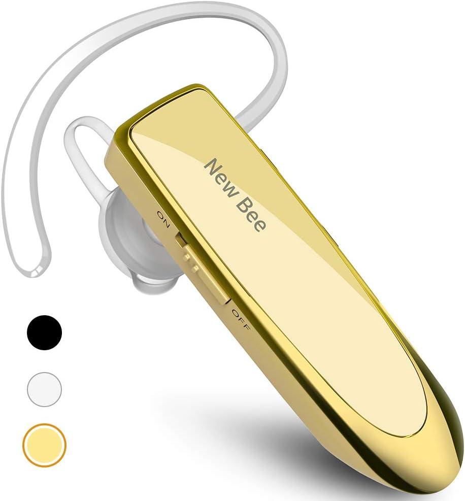 New Bee Bluetooth Earpiece V5.0 Wireless Handsfree Headset with Microphone 24 Hrs Driving Headset 60 Days Standby Time for iPhone Android Samsung Laptop Trucker Driver (Gold)