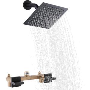 2 Handles Shower Faucet Set, Two Handle Shower with 8'' Stainless Steel Shower Head Combo Set, Single Function Shower Trim Kit with Rough-in Valve, Matte Black
