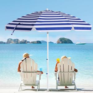 MEWAY 8.5ft Beach Umbrella with Detachable Sand Anchor & Tilt Mechanism, Portable UV 50+ Protection, Outdoor Sunshade Umbrella with Carry Bag, for Garden Beach Outdoor (Navy-White Stripe)
