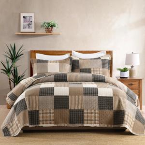 Finlonte Queen Size Quilt Set, Farmhouse Plaid Queen Comforter, Cotton Quilted Bedspread, Charcoal Beige Brown Lightweight Comforter Bedding Set for All Season, 3-Piece