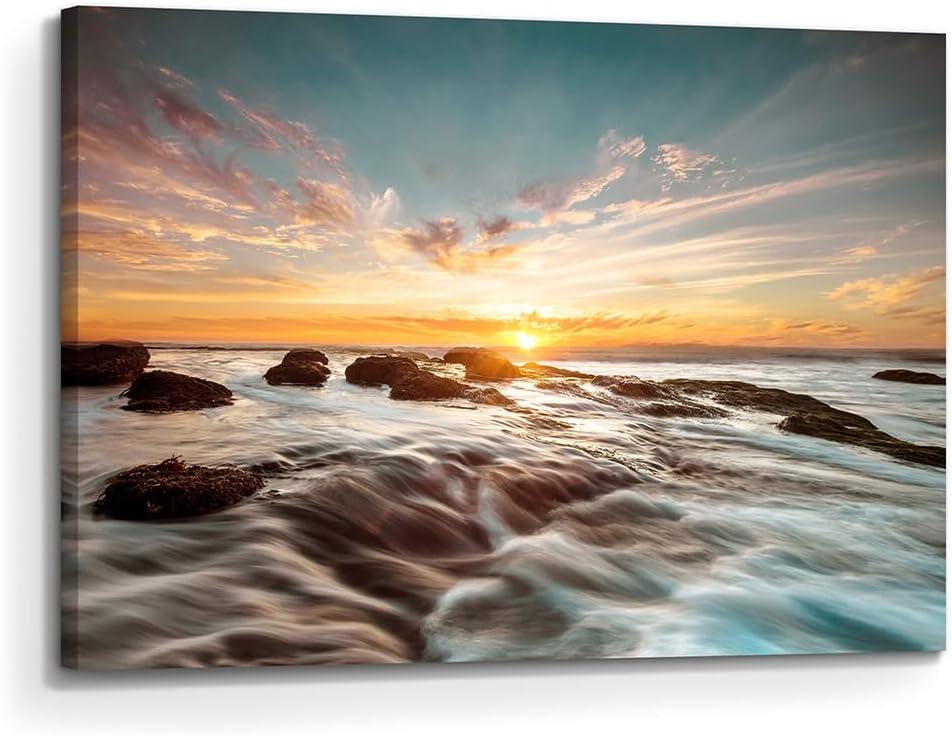 Artitude Beach Sunset Wall Art Canvas: Rocky Wave Picture Bedroom Modern Sea Ocean Landscape Painting Print Living Room Coastal Seaside Scene Photography Artwork for Home Office Decor, 36"L x 24"W