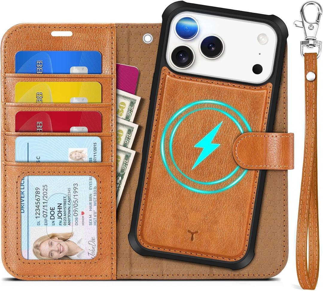 TUCCH Compatible with iPhone 17 Pro Max Detachable Wallet Case with 4 Card Holder, Wireless Charging PU Leather Flip Folio with RFID Blocking Stand Wrist Strap Shockproof Cover, Textured Light Brown
