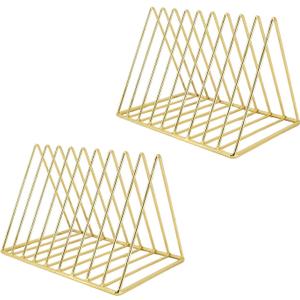 2 PCS Desktop Triangle Book Magazine Holder, Iron Metal Book Stand File Organizer Folder Holder for Office, 9 Slots Gold Classified Storage Rack, Record Display Rack for Home Decoration