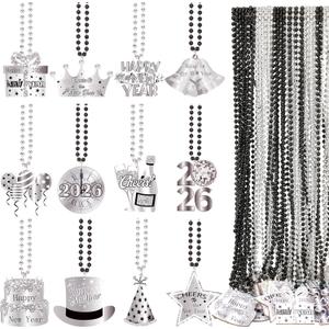 36 Pcs New Year Beads Necklaces with Pendant Black Silver Happy New Year Beads Necklaces for 2026 New Years Eve Party Favors Supplies, 12 Styles