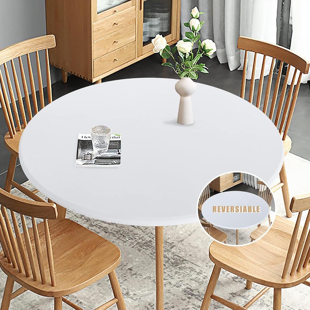 Obstal Fitted Round Table Cloth, Reversible Waterproof Stain Resistant Elastic Stretch Tablecloth, Wipe Clean Table Cover for Outdoor/Indoor Use, Fits Round Tables up to 30" - 36" Diameter, White