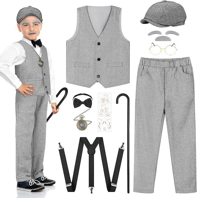SOMSOC 7 Pieces 100 Days of School Boys Old Man Costume Set Kids Grandpa Vest Hat Costume for School Cosplay Party 8-10 Y
