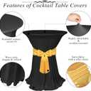 Kochorie 4 Set Cocktail Table Covers with Satin Sash, 32 x 43 Inch Round Cocktail Table Skirt, Spandex Stretch High Top Tablecloth for Wedding Banquet Birthday Party Decorations, (Black, Gold)