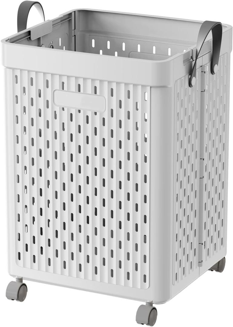 UAK 67L Plastic Laundry Basket with Wheels & Handle, Heavy Duty Foldable Laundry Hamper – Easy Clean Waterproof Rolling Organizer for Bathroom & Laundry Room, Grey