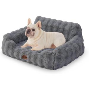 Small Dog Sofa - Orthopedic Cat Sofa Bed for Indoor Cats, Fluffy Faux Fur Dog Couch with Supportive Egg Foam, Cute Pet Couch Bed Removable Washable Cover and Non-Slip Bottom, Grey