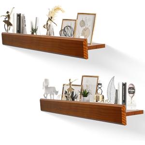 32 Inch Picture Ledge Shelf with Lip,Floating Shelves for Wall, Set of 2 Solid Pine Wood Shelves with Invisible Brackets, Wall Storage for Living Room, Bedroom, Kitchen, Bathroom(Dark Brown)