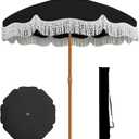 AreShark 7ft Patio Umbrella with Fringe, UPF50+ Beach Umbrella for Table, Pool & Garden, Portable Outdoor Tassels Umbrella w/Fiberglass Ribs&Push Bottom Tilt(Black)