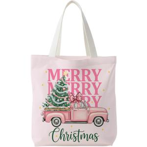 NATSUNO Pink Christmas Canvas Tote Bag, Coquette Christmas Tree Pickup Truck Canvas Tote Bag for Women, Preppy Xmas Winter Holiday Reusable Grocery Bags Shopping Bags