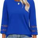 XIEERDUO 3/4 Length Sleeve Womens Tops and Blouses Dressy Casual Crewneck T Shirts Fashion Clothes Loose Fit Trendy, Size Large, Royal Blue 