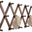 16 inch High Accordion Wall Hanger with 14 Hooks, Wooden Wall Expandable Coat Rack for Coat, Hats, Baseball Caps, Coffee Mug, Jewelry (Brown)
