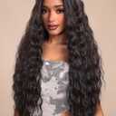 GORGIUS Glueless Water Wave Lace Front Wig Pre Plucked Pre Cut Long Black Synthetic Wig Natural Hairline 32 Inch