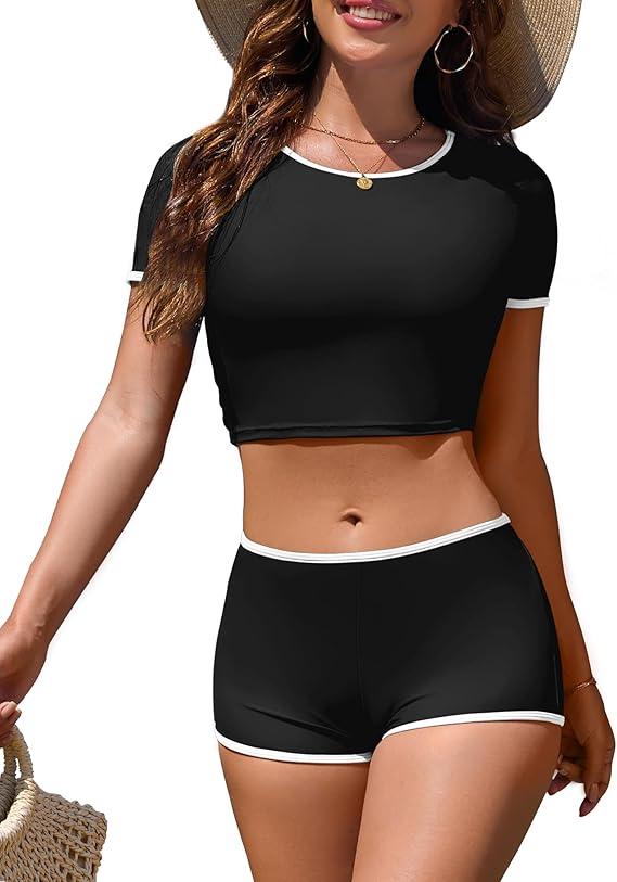 Jolefille Women Sporty Tummy Control Swimsuit Color Block High Waisted Bikini Set Two Piece Bathing Suit Full Coverage Shorts Black Medium