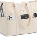 TOPDesign Large Canvas Tote Bag for Women, Shoulder Bag with Laptop Sleeve & Pockets, Everything Tote for Travel, Work (Beige)