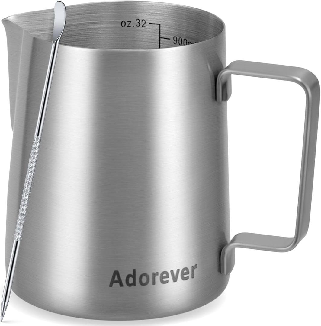 Milk Frothing Pitcher, 32oz Stainless Steel Milk Frother Cup Steaming Pitcher, Cappuccino Espresso Accessories Coffee Bar Barista Tools, Metal Steamer Cup Milk Jug with Latte Art Pen, Matte Steel