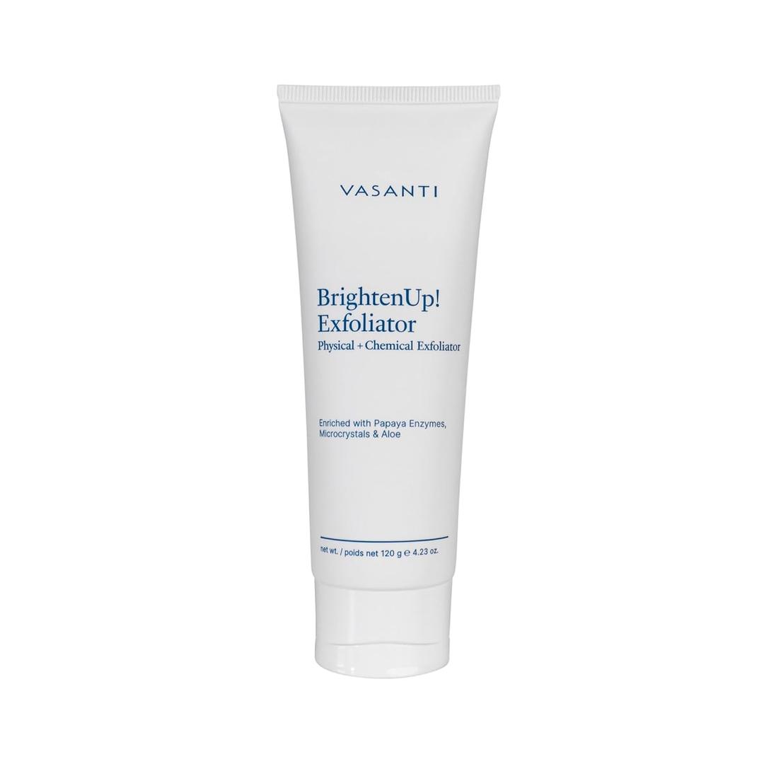 VASANTI BrightenUp! Exfoliator (120g) | Physical + Chemical Facial Exfoliator Scrub with Instant Results for Soft, Smooth and Radiant Skin | Enriched with Papaya, Microcrystals and Aloe | 99% Natural