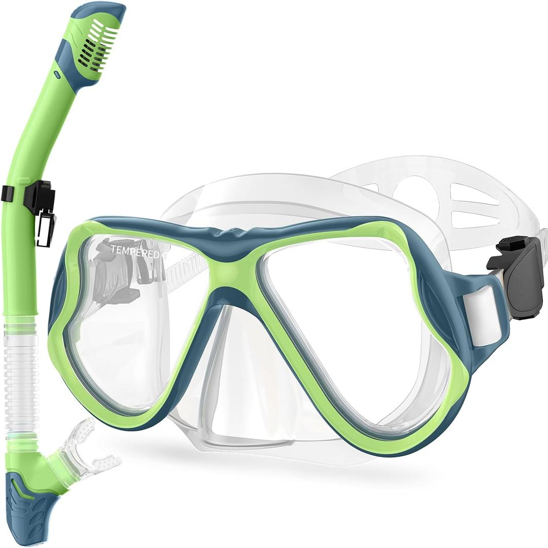 Greatever Snorkeling Gear for Kids, Dry Snorkel Set Panoramic View Snorkel Mask, Anti-Fog Scuba Diving Mask for Kids Youth Age 6-14, Unisex Swimming Goggles (Navy Blue Green)