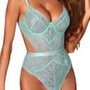 Aranmei Women Sexy Lingerie Bodysuit Lace Teddy Snap Crotch V Neck Cut Out One Piece Babydoll Underwire (Large, Mint Green)