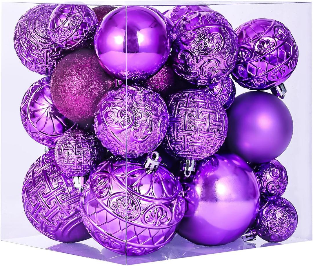 46 Pcs Purple Christmas Ball Ornaments, Shatterproof Christmas Tree Ornaments Set with Velvet Christmas Bows Decor, Vintage Xmas Decorations with Hanging Hooks in 3 Sizes(Small Medium Large)