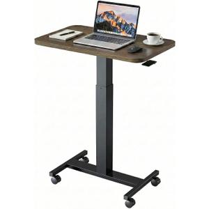 HUANUO Small Rolling Laptop Standing Desk, Height Adjustable Mobile T-Base Desk with Lockable Casters, Portable Sit-Stand Workstation for Bedside & Sofa, Walnut, 25.6" x 15.7"