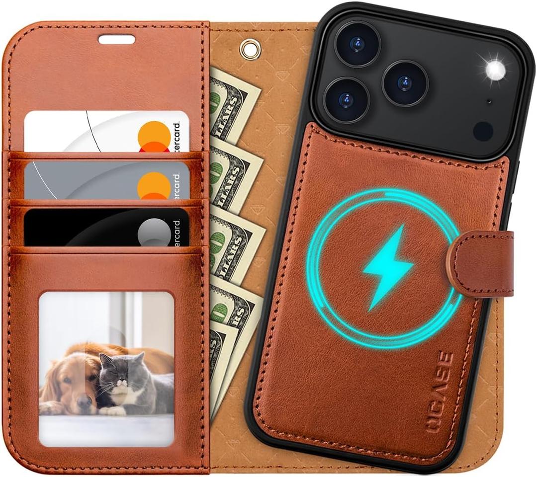 OCASE for iPhone 17 Pro Detachable Wallet Case with Card Holder, 2 in 1 PU Leather Flip Folio with RFID Blocking Stand Wrist Strap Shockproof Phone Cover 6.3 Inch 2025, Brown