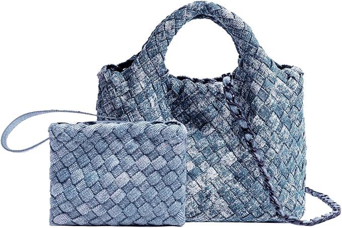 Woven Tote Bag for Women with Coin Purse, Foldable Chain Small Crossbody Handbags,, Hobo Satchel (Denim Deep Blue)
