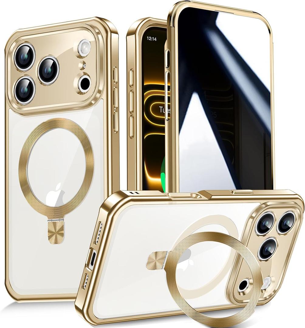 Reukdnv [Built-in Privacy Screen Protector & Invisible Ring Stand] Privacy Case for iPhone 17 Pro Max 6.9'' [Soft Bumper Full Signal] [Compatible with MagSafe] Full-Body Shockproof Clear Case, Gold