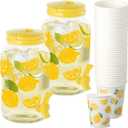  2 Piece Lemon Plastic Drink Dispenser and 40 Pcs Lemon Paper Party Cups 1 Gallon Iced Beverage Dispenser Tea Jar with Spigot and Carrying Lid Clear Dispenser for Lemonade Stand Lemon Juice Tea Beer