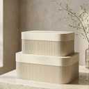 Decorative Storage Boxes with Lids  Set of 2 Beautiful Fluted Cardboard Organizer Bins for Your Home Bookshelf Decor to Safely Store Your Documents, Memory Box Items and Other Keepsakes in Style (Beige)