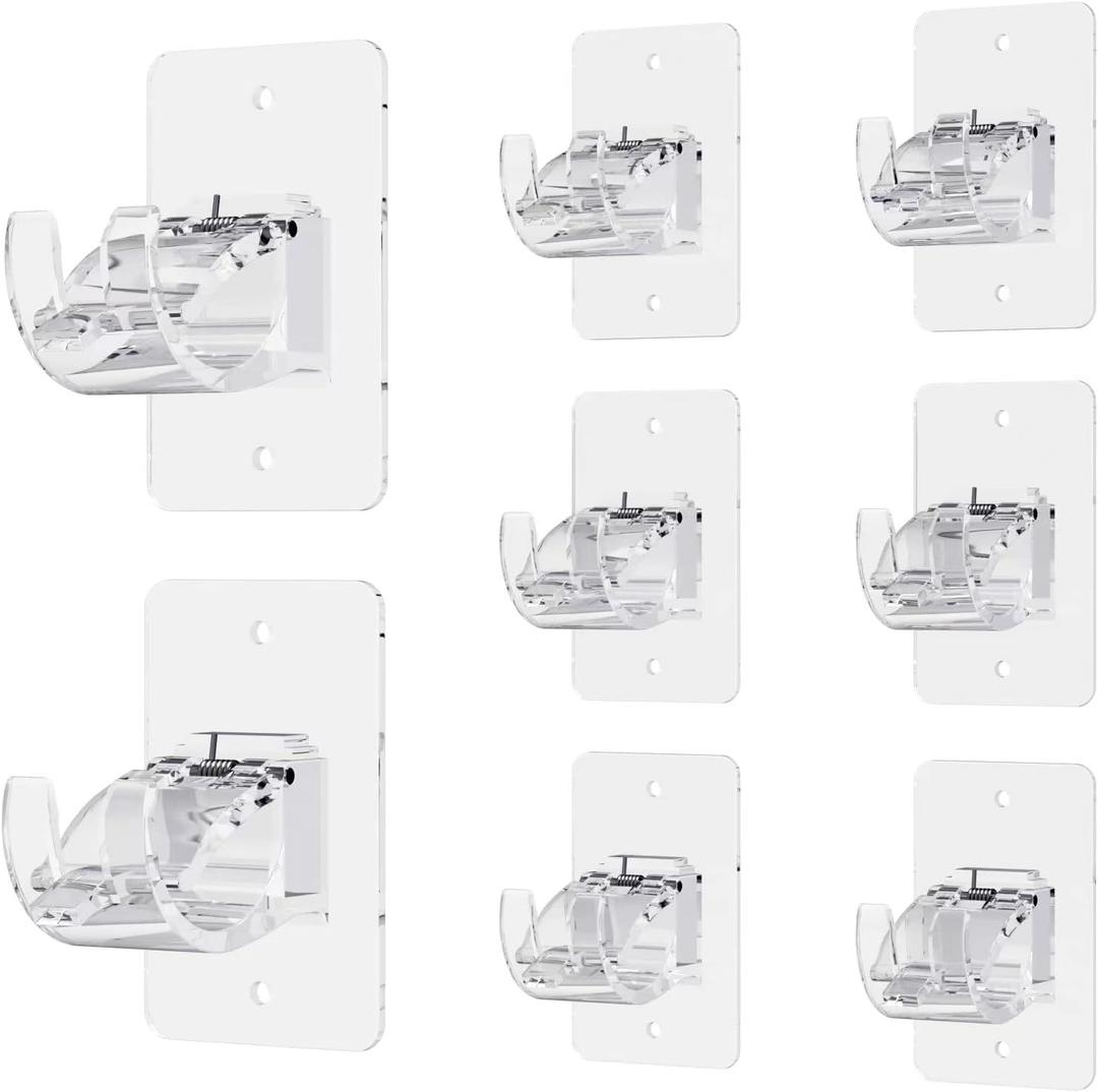 CIEMGNZOC 8PCS No Drill Curtain Rod Brackets, Self-Adhesive Curtain Rods No Drilling, Nail Free Adjustable Curtain Rod Holders, Curtain Hooks for Rod Less Than 1.57 Inch Diameter (Transparent)